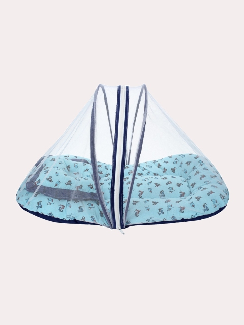 

Superminis Kids Blue Printed Cotton Bedding Set with Mosquito Net, Turquoise blue