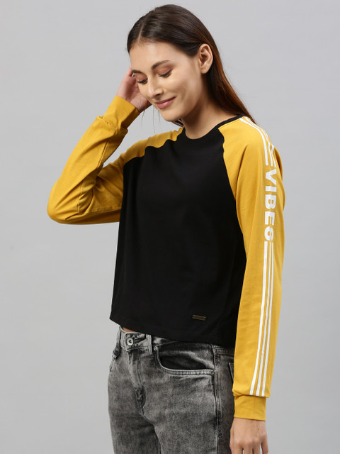 

Roadster Women Black & Mustard Yellow Solid Round Neck Printed Contrast Sleeve Top
