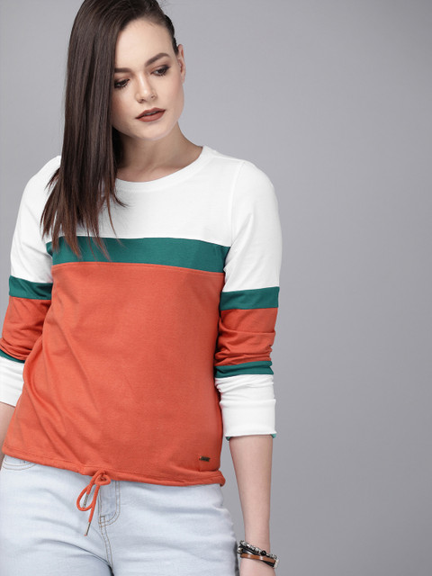 

The Roadster Lifestyle Co Women White Rust Orange Colourblocked Pure Cotton T-shirt With Toggle At Hem