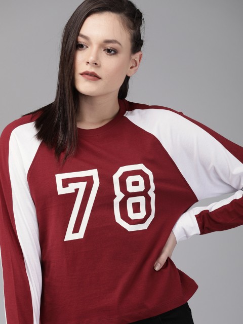 

The Roadster Lifestyle Co Women Maroon White Printed Round Neck Pure Cotton T-shirt
