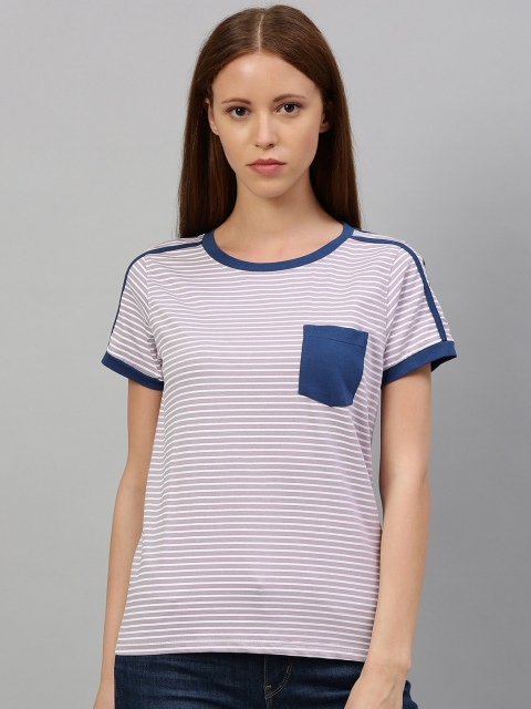 

The Roadster Lifestyle Co Women Pink White Striped Round Neck Pure Cotton T-shirt