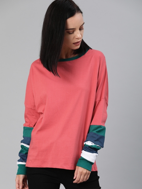 

Roadster Women Pink Solid Tshirt With Contrast Detail