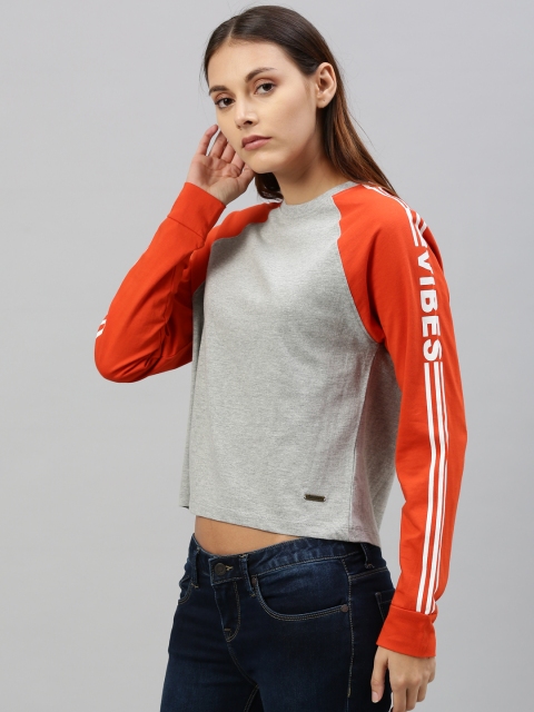 

Roadster Women Grey & Orange Solid Round Neck Printed Contrast Sleeve T-shirt