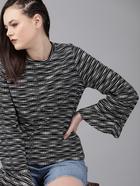 

The Roadster Lifestyle Co Women Black & White Striped Bell Sleeve Top
