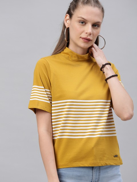 

Roadster Women Mustard Striped Pure Cotton Top