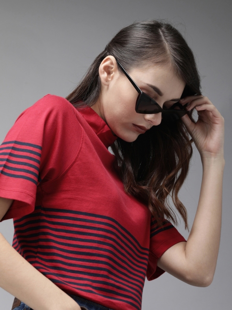 

Roadster Women Red & Black Striped Yarn Dye Detailing High Neck T-shirt