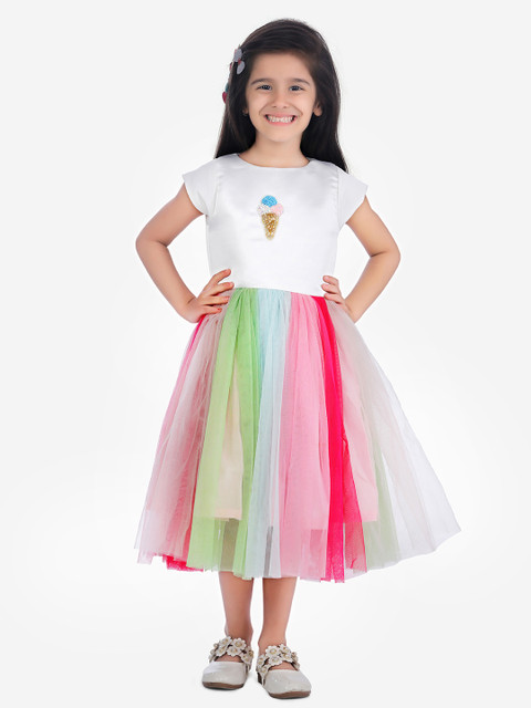 

Fairies Forever Girls White Colourblocked Fit and Flare Dress