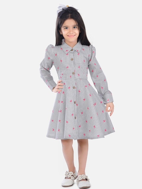 

Fairies Forever Girls Grey & Pink Flamingo Printed Fit and Flare Dress