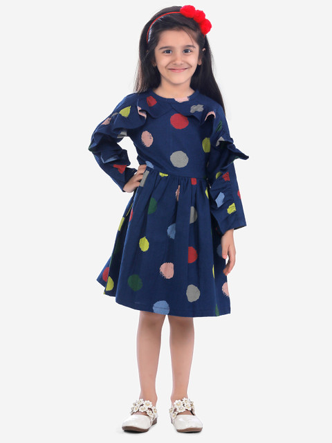 

Fairies Forever Girls Navy Blue Polka Dots Printed Fit and Flare Dress
