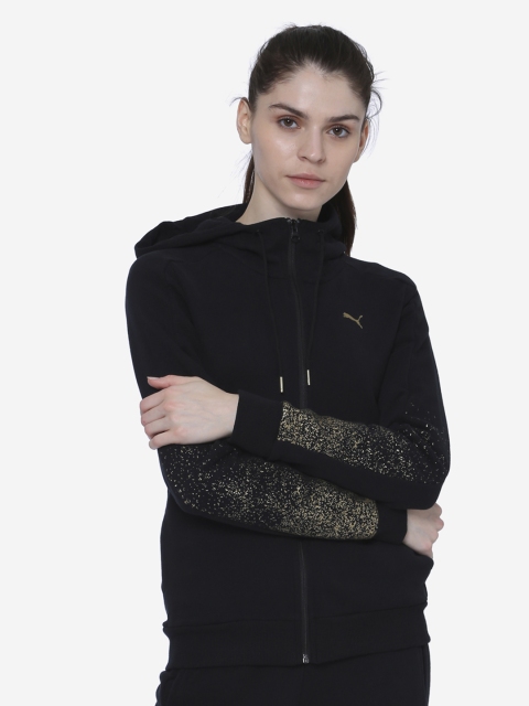 

Puma Women Black & Gold-Toned Solid Hooded Sweatshirt