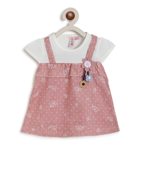

Kids On Board Girls Pink & White Printed Fit and Flare Dress