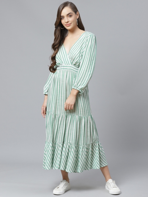 

Marks & Spencer Women Green & White Striped Wrap Dress