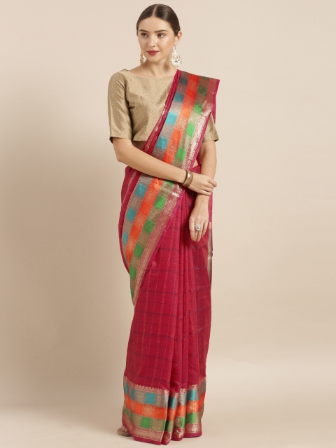 

Mirchi Fashion Red & Navy Blue Silk Blend Checked Banarasi Saree