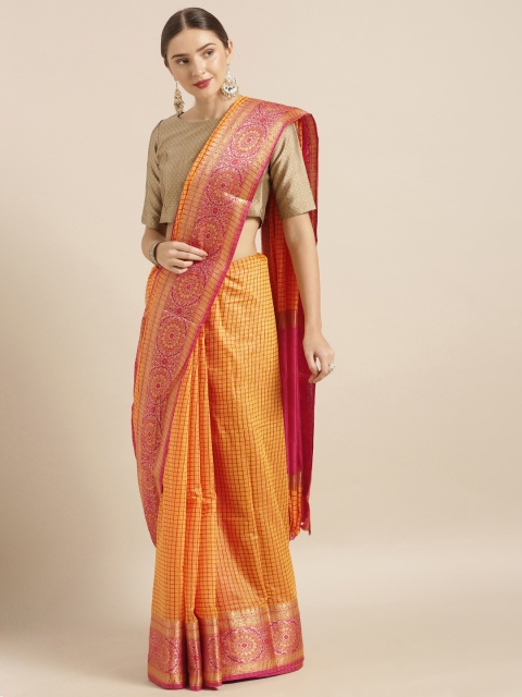 

Mirchi Fashion Mustard Yellow & Pink Silk Blend Checked Banarasi Saree