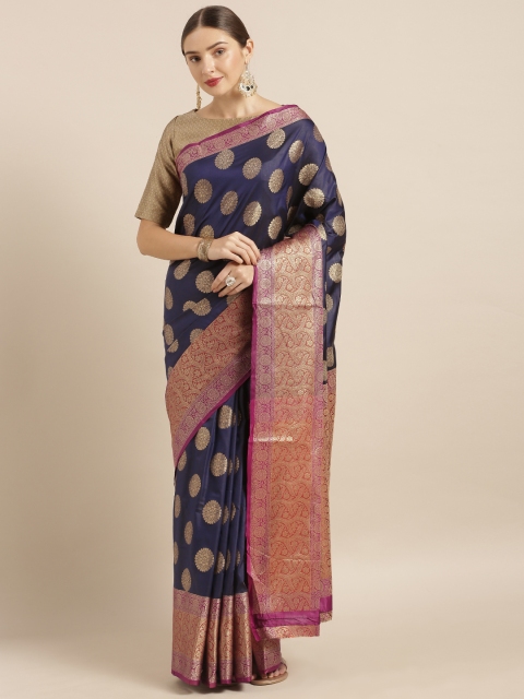 

Mirchi Fashion Navy Blue Silk Blend Woven Design Kanjeevaram Saree