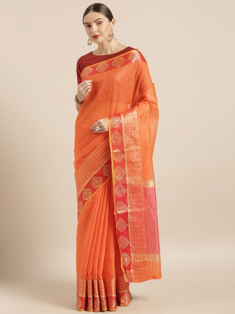 

Mirchi Fashion Orange & Pink Silk Blend Checked Banarasi Saree