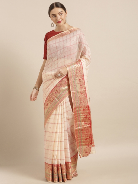

Mirchi Fashion Cream-Coloured & Red Silk Blend Checked Banarasi Saree