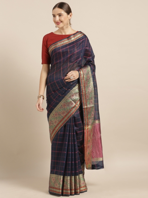 

Mirchi Fashion Navy Blue & Pink Silk Blend Checked Banarasi Saree