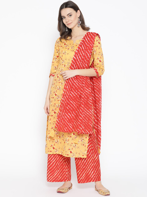 

Sringam Women Yellow & Red Printed Kurta with Palazzos & Dupatta