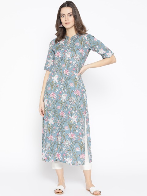 

Sringam Women Blue & White Printed Kurta with Trousers