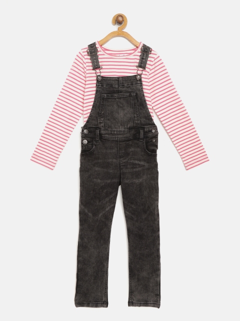 

Nauti Nati Girls Pink & Charcoal Grey Striped T-shirt with Dungarees