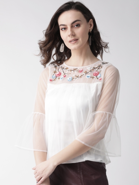 

MISH Women Off-White Solid Net A-Line Top