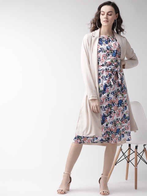

MISH Women White & Navy Blue Floral Print A-Line Dress