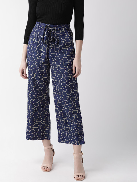 

MISH Women Navy Blue & Beige Comfort Loose Fit Printed Cropped Parallel Trousers