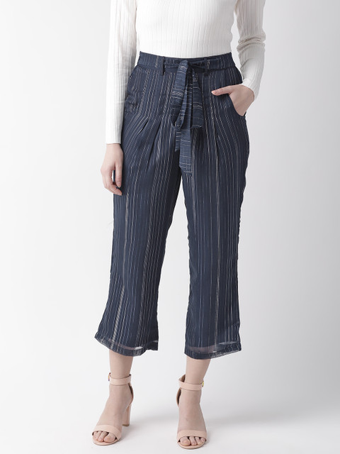 

MISH Women Navy Blue & Silver Comfort Regular Fit Striped Cropped Regular Trousers
