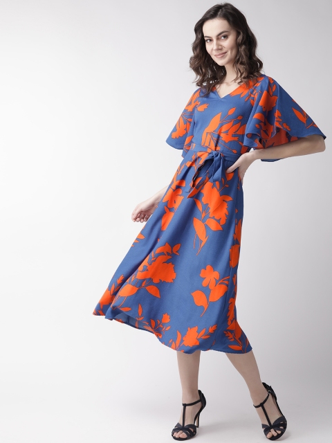 

MISH Women Navy Blue & Orange Floral Print Fit and Flare Dress