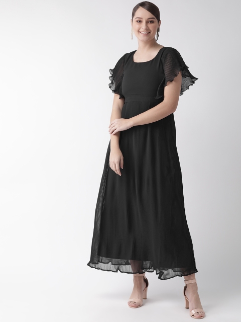 Women Black Accordion Pleated Solid Maxi Dress