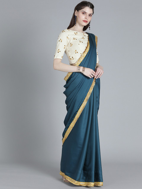 

Bollywood Vogue Teal Blue Solid Satin Made To Measure Saree
