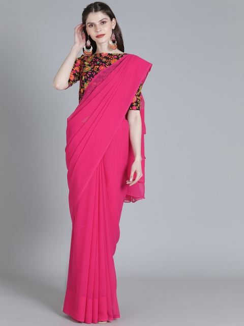 

EthnoVogue Pink Solid Made To Measure Poly Georgette Saree