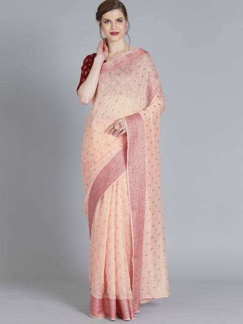 

EthnoVogue Pink & Gold-Toned Cotton Blend Printed Made To Measure Saree With Blouse