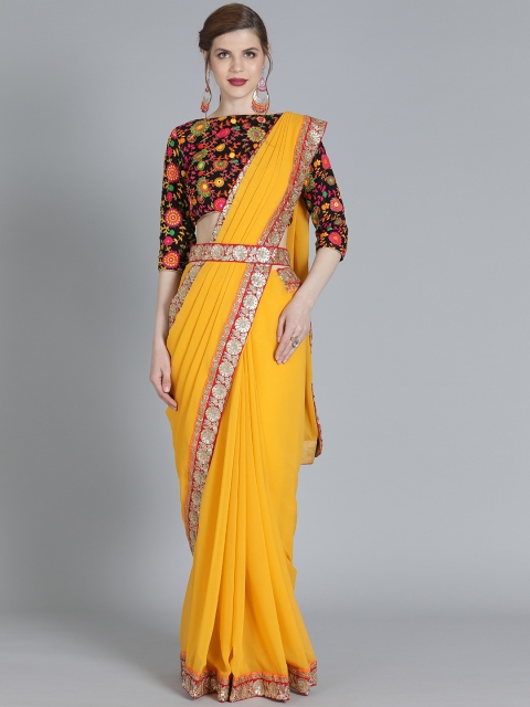 

EthnoVogue Mustard Yellow Solid Poly Georgette Saree