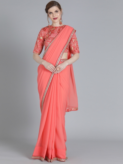 

Bollywood Vogue Peach-Coloured Solid Made To Measure Poly Georgette Saree