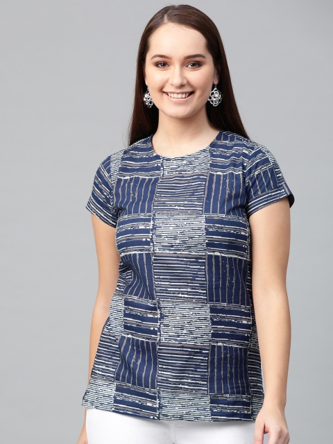 

YASH GALLERY Women Navy Blue & White Printed Top
