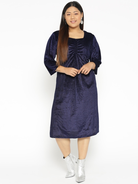 

Revolution Plus Size Women Navy Blue Velvet Finish Solid Shift Dress