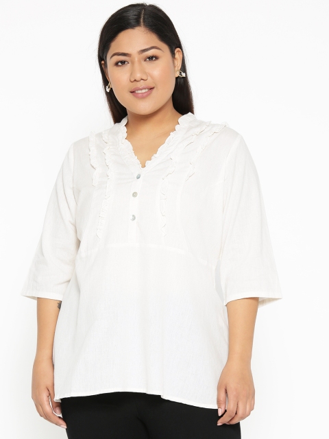 

Revolution Plus Size Women Off-White Solid Linen Regular Top