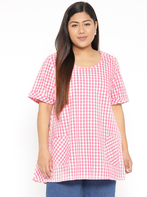 

Revolution Plus Size Women Pink White Checked A-Line Top