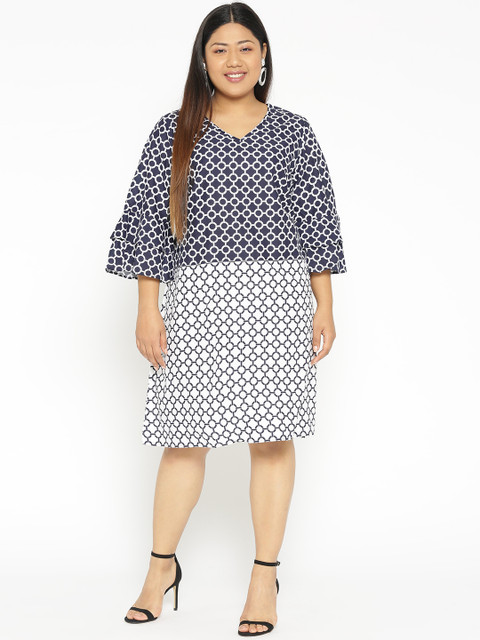 

Revolution Plus Size Women Navy Blue White Printed A-Line Dress