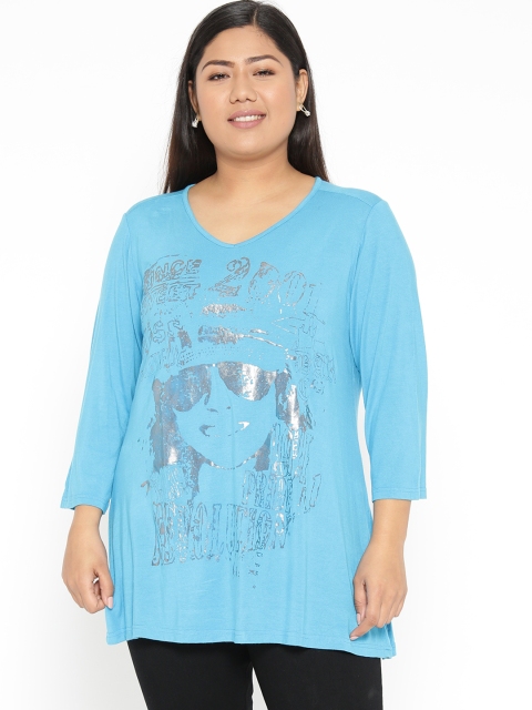 

Revolution Plus Size Women Blue Silver Printed V-Neck T-shirt