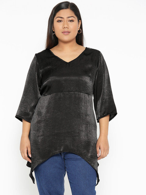 

Revolution Plus Size Women Black Solid A-Line Top With Satin Finish