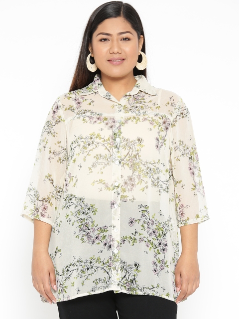 

Revolution Plus Size Women Cream-Coloured Green Regular Fit Printed Semi-Sheer Casual Shirt