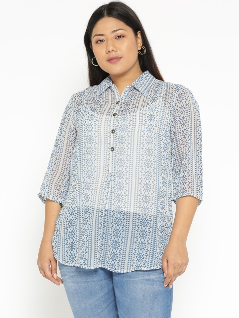 

Revolution Plus Size Women White Blue Printed Sheer Shirt