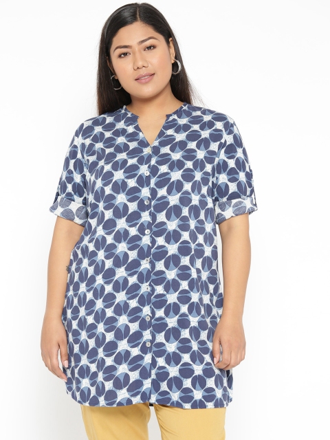 

Revolution Plus Size Women Navy Blue Off-White Regular Fit Printed Longline Casual Shirt