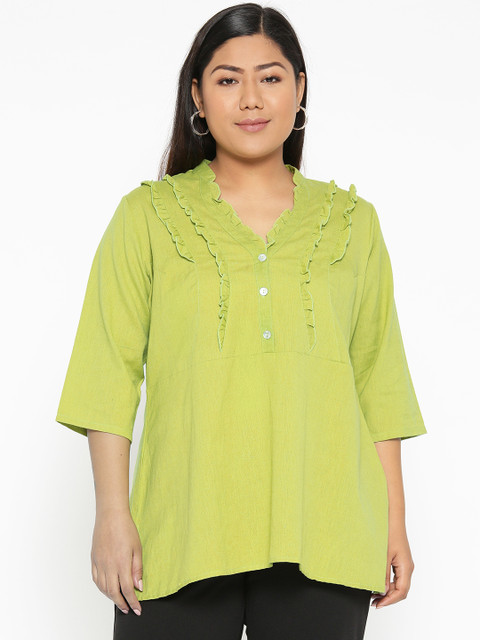 

Revolution Plus Size Women Green Solid Linen A-Line Top