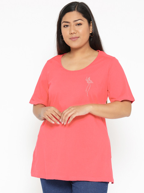 

Revolution Plus Size Women Coral Pink Solid Round Neck T-shirt