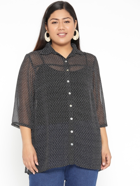 

Revolution Plus Size Women Black White Regular Fit Printed Semi-Sheer Casual Shirt