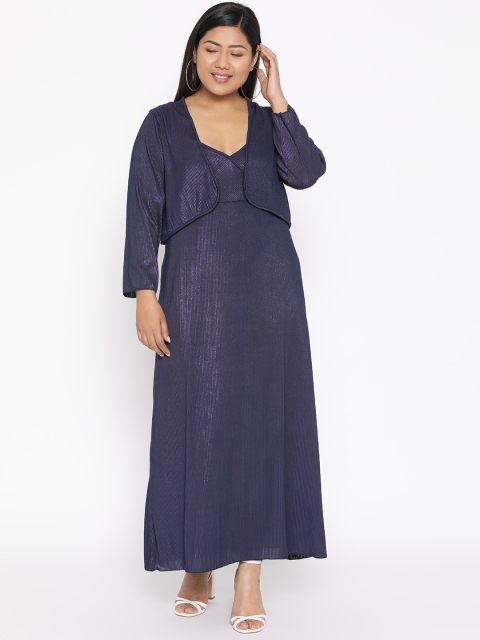 

Revolution Plus Size Women Navy Blue Self-Stripe Maxi Dress With Cropped Jacket